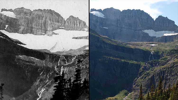 Grinnell Glacier from trail 1900 and 2008.