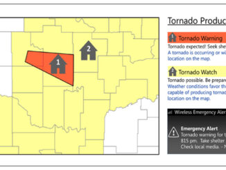 Una infografía con ejemplos y definiciones de vigilancias y avisos de tornado en un mapa.